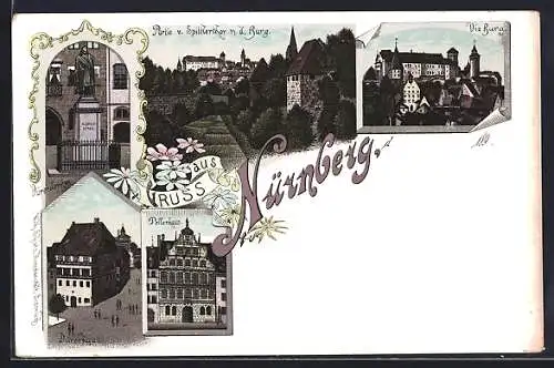 Lithographie Nürnberg, Dürerdenkmal, Dürerhaus, Die Burg, Pellerhaus, Partie v. Spittlertor n. d. Burg