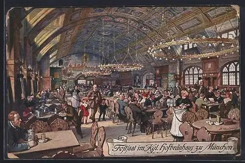 Künstler-AK Fritz Quidenus: München, Festsaal im Kgl. Hofbräuhaus, Gäste speisen und stillen ihren Durst