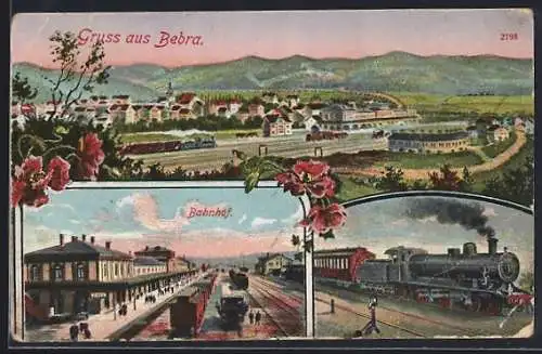 AK Bebra, Bahnhof, Personenzug mit Dampflokomotive, Ortsansicht mit Eisenbahnen