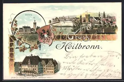 Lithographie Heilbronn, Teilansicht, Wartberg, Rathaus