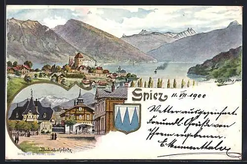 Künstler-AK Spiez, Bahnhofsplatz mit Gesamtansicht und Stadtwappen, um 1900