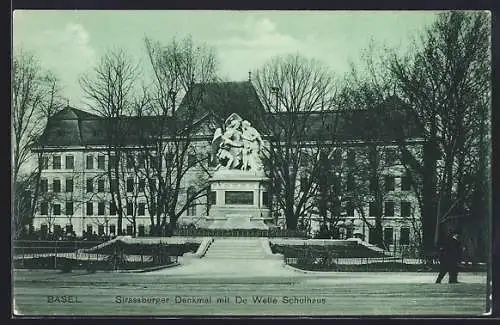 AK Basel, Strassburger Denkmal mit De Wette Schulhaus