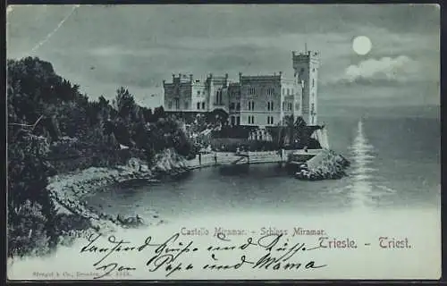 Mondschein-AK Triest, Schloss Miramar mit Uferpartie