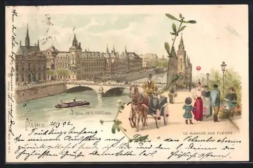 Lithographie Paris, Le Marche aux Fleurs et le Quai de l`Horloge