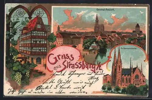 Lithographie Strassburg i. E., Altes Haus, Totalansicht, Ev. Garnisonskirche