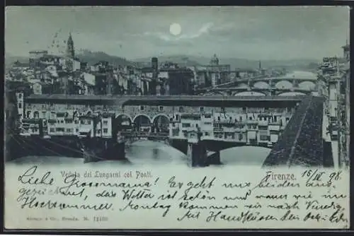 Mondschein-AK Firenze, Veduta dei Lungarni coi Ponti
