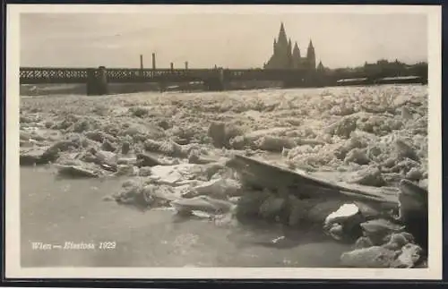 AK Wien, Eisstoss 1929 mit Blick zur Reichsbrücke