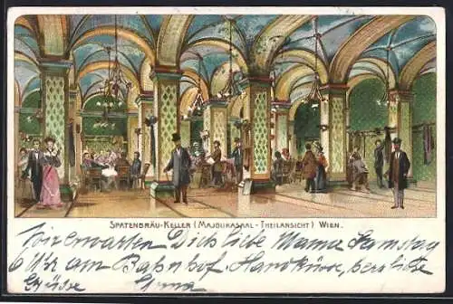 Lithographie Wien, Restaurant Spatenbräu-Keller mit Majolikasaal-Teilansicht