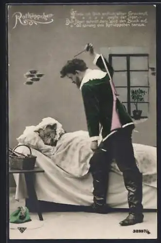 AK Rotkäppchen, Jäger schneidet Wolf den Bauch auf