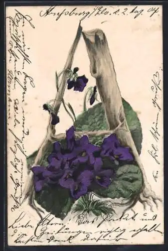 AK Buchstabe A aus Baumstämmen, Veilchen