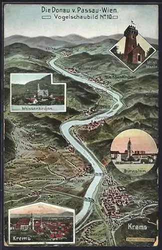 Künstler-AK Eugen Felle: Weissenkirchen, Die Donau von Passau bis Wien, Vogelschaubild N. 10