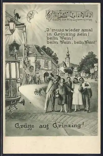 AK Wien XIX, Grinzing, betrunkene Leute, Strassenbahn, Mond, Katze auf Dach, Hund