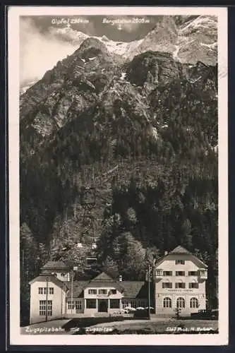 AK Zugspitzbahn mit Zugspitz-Hotel, Gipfel und Bergstation