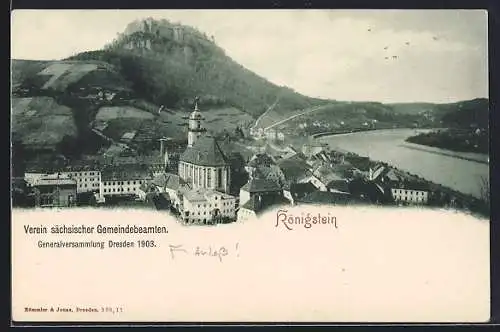AK Königstein / Elbe, Ortsansicht an der Elbe mit Festung