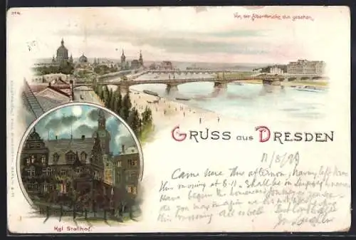 Lithographie Dresden, Belvedere und kgl. Stallhof