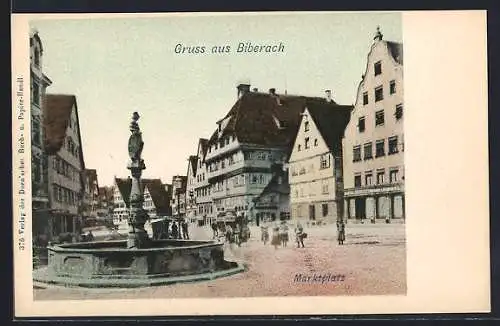 Lithographie Biberach / Riss, Strassenpartie am Marktplatz mit Springbrunnen