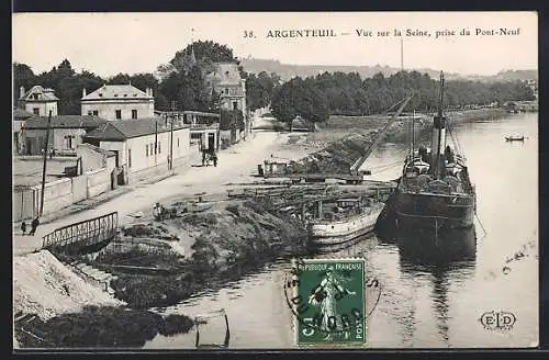AK Argenteuil, Vue sur la Seine prise du Pont-Neuf avec bateaux amarrés