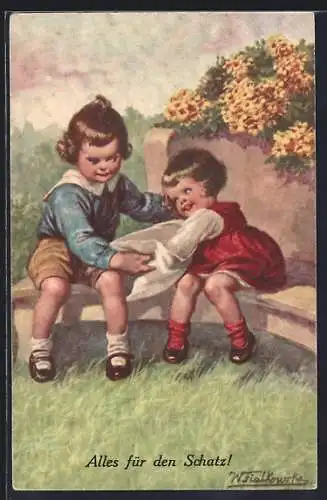 Künstler-AK Wally Fialkowska: Alles für den Schatz!, Zwei Kinder sitzen zusammen auf einer Bank