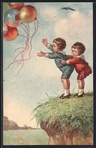 Künstler-AK Wally Fialkowska: Kinder mit Luftballons