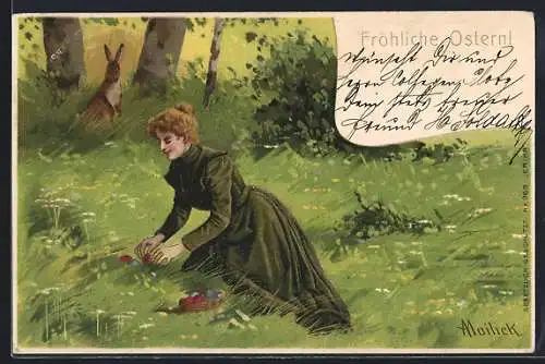 Künstler-AK Alfred Mailick: Dame versteckt Ostereier im hohen Gras, Hase blickt vom Baum hinüber, Fröhliche Ostern