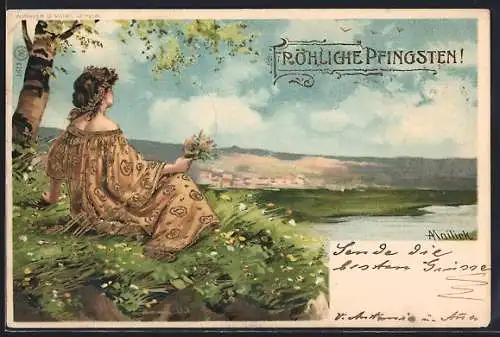 Künstler-Lithographie Alfred Mailick: Fröhliche Pfingsten, Dame sitzt auf der Wiese