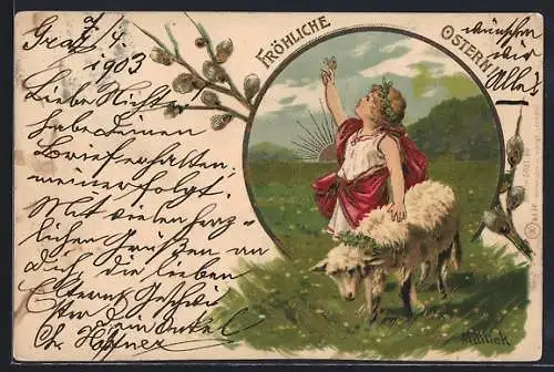 Künstler-AK Alfred Mailick: Kind auf einer Wiese mit einem Schaf und Schmetterling