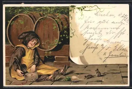 Künstler-Lithographie Alfred Mailick: betrunkenes Münchner Kindl