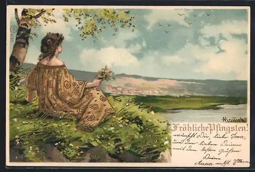Künstler-Lithographie Alfred Mailick: Fröhliche Pfingsten, Dame sitzt auf der Wiese