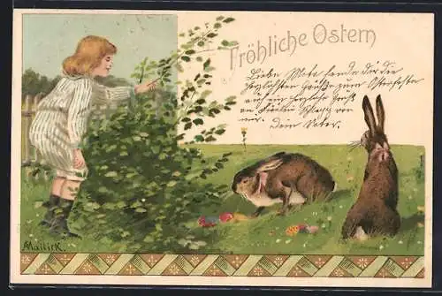 Künstler-AK Alfred Mailick: Kind beobachtet zwei Osterhasen