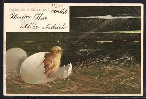 Künstler-AK Fröhliche Ostern, Osterküken schlüpft aus Ei