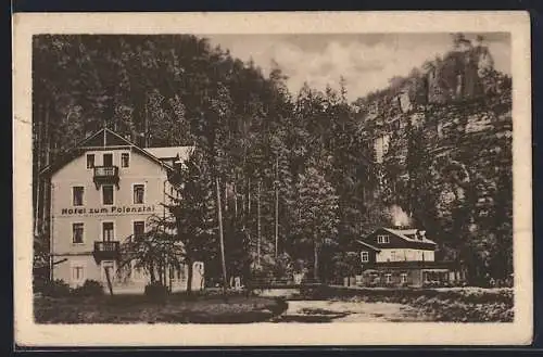 AK Polenz / Neustadt, Hotel zum Polenztal mit Gebirge