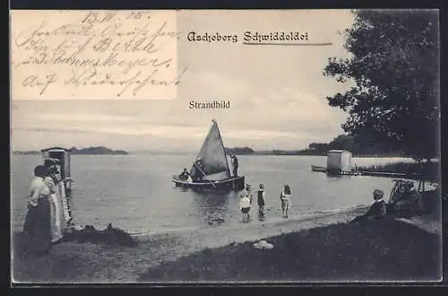AK Ascheberg / Schwiddeldei, Strand mit Besuchern, Kindern und einem Segelboot
