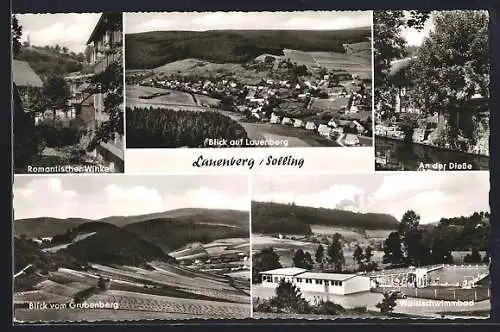 AK Lauenberg /Solling, Gesamtansicht, An der Diesse, Blick vom Grubenberg und Waldschwimmbad
