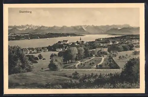 AK Starnberg, Ortsansicht mit Flusspartie und Bergpanorama
