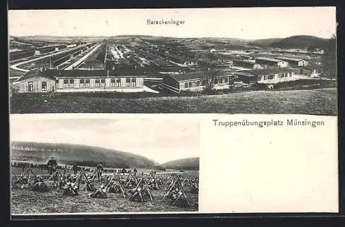 AK Münsingen, Barackenlager und Truppenübungsplatz mit Soldaten