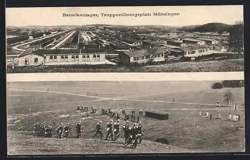 AK Münsingen, Brackenlager auf dem Truppenübungsplatz, Soldaten im Marsch und in Formation