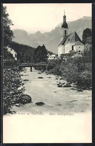 AK Ramsau / bay. Alpen, Uferpartie mit Kirche