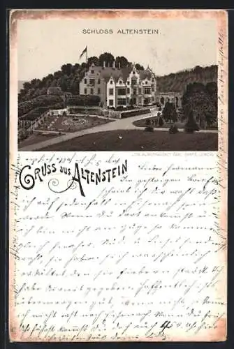 Vorläufer-Lithographie Altenstein / Thür., 1895, Schloss mit Park