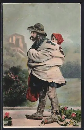 AK Siebenbürger Zigeuner trägt ein Kind auf dem Rücken