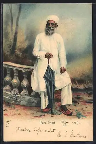 AK Parsi Priest, persischer Priester mit Regenschirm