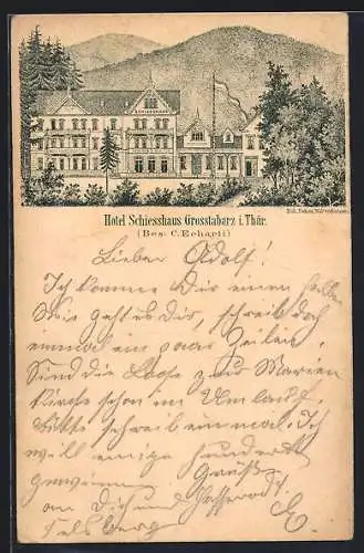 Vorläufer-Lithographie Grosstabarz i. Thür., 1892, Hotel Schiesshaus, Bes. C. Echarti