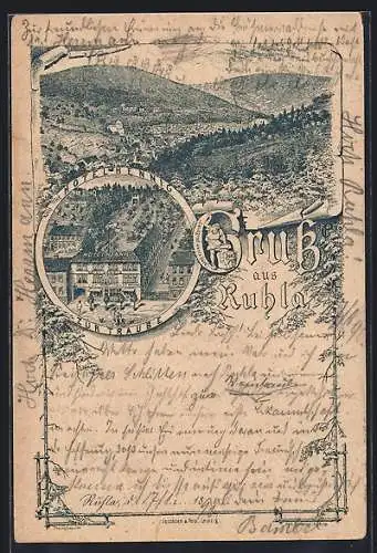 Vorläufer-Lithographie Ruhla, 1892, Hotel Hennig zur Traube, Ortsansicht