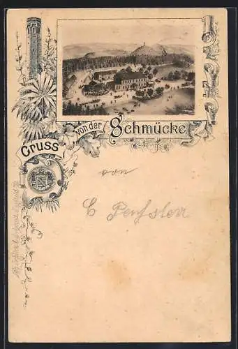 Vorläufer-Lithographie Schmücke, 1891, Ortsansicht aus der Vogelschau