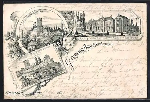 Vorläufer-Lithographie Blankenstein / Ruhr, 1895, Hotel-Restaurant v. Gustav vom Stein, Burg