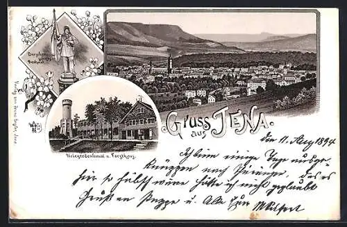 Vorläufer-Lithographie Jena, 1894, Kriegerdenkmal und Forsthaus, Ortsansicht