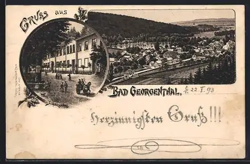 Vorläufer-Lithographie Bad Georgenthal, 1893, Schützenhof, Ortsansicht aus der Vogelschau