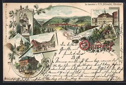 Vorläufer-Lithographie Ohrdruf, 1895, Rathaus, Kirchgasse, Marktstrasse