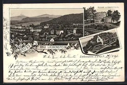Vorläufer-Lithographie Bad Liebenstein, 1895, Ruine, Schloss Altenstein, Ortsansicht