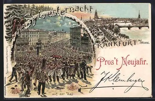 Winter-Lithographie Frankfurt /Main, Leute auf der Zeil in der Silvesternacht, Ortsansicht
