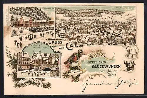 Winter-Lithographie Calw, Handelsschule, Brücke & Nicolai-Kapelle